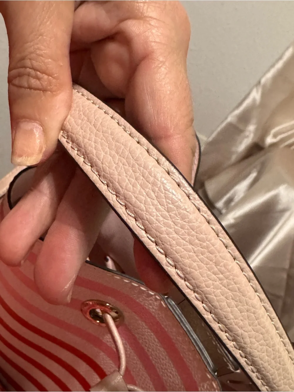 kate spade White, Pink & Red Striped Leather Drawstring Bucket Bag